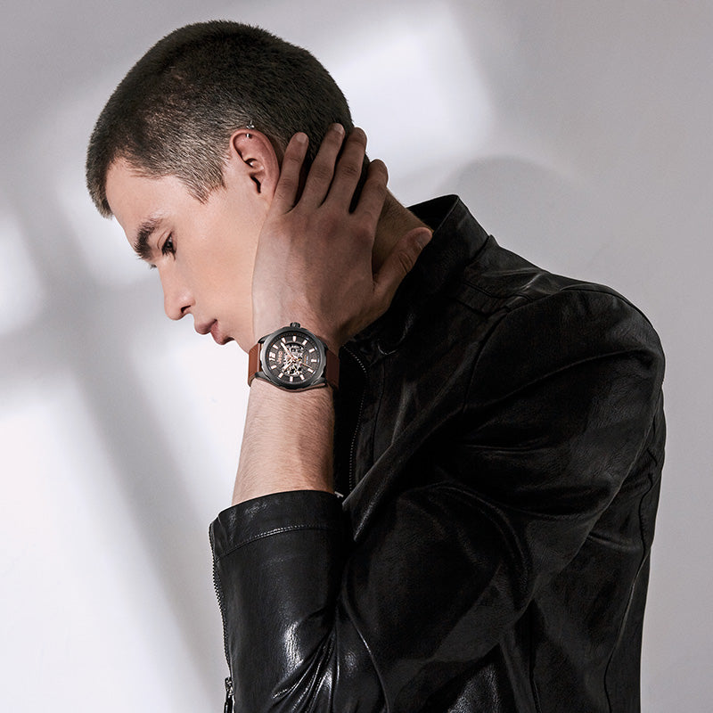 Jeep Watch Skeletonized Watch for Men Automatic Mechanical Watch Business Waterproof Watch Leather Strap Luminous Large Dial Watch