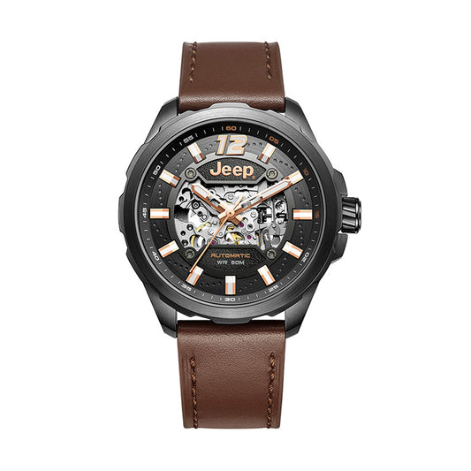 Jeep Watch Skeletonized Watch for Men Automatic Mechanical Watch Business Waterproof Watch Leather Strap Luminous Large Dial Watch